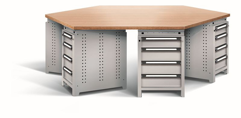 Otto Kind team-work Arbeitsplatz function, mit 6 Unterbauten Typ 107, Schubladen, Multiplexplatte 6-eckig, komplett RAL 9006, 074428096