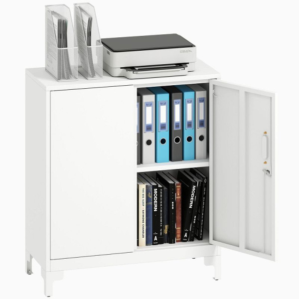 HOMCOM Büroschrank aus Metall, verschließbare Türen, Bürokommode, 2-stufiges Design, Weiß, 924-115V00WT