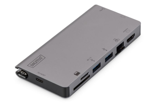 DIGITUS USB-C Multiport Travel Dock, 8 Port, grau, 2x Video, 2x USB-C, 2x USB3.0, RJ45, 2x Kartenleser, DA-70877