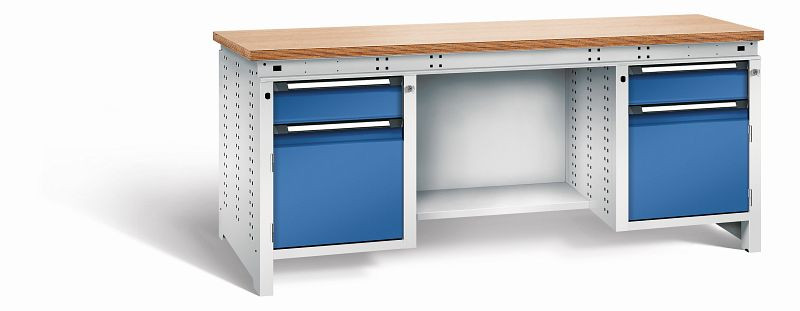 Otto Kind Werkbank Serie function Typ 305, Multiplexplatte 40 mm, bündig, 2x Unterbau + mittleres Feld, Gehäuse RAL 7035, Front RAL 5010, 072360186