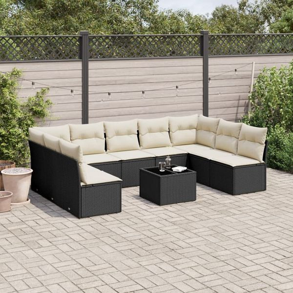 vidaXL 10-teilig Garten-Sofagarnitur mit Kissen Schwarz Poly Rattan, 3218076