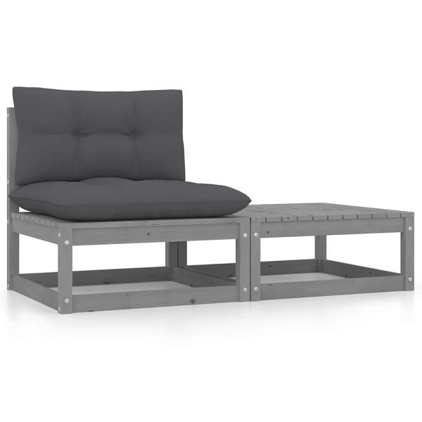 vidaXL 2-teilig Garten-Lounge-Set mit Kissen Grau Kiefer Massivholz, 805762