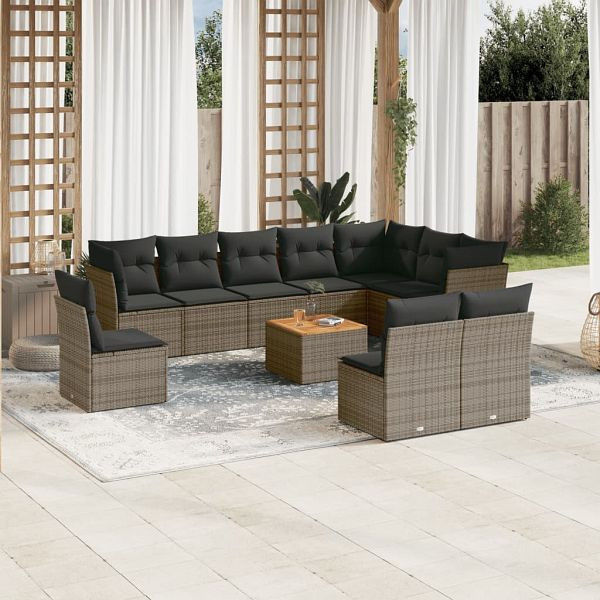 vidaXL 11-teilig Garten-Sofagarnitur mit Kissen Grau Poly Rattan, 3223701
