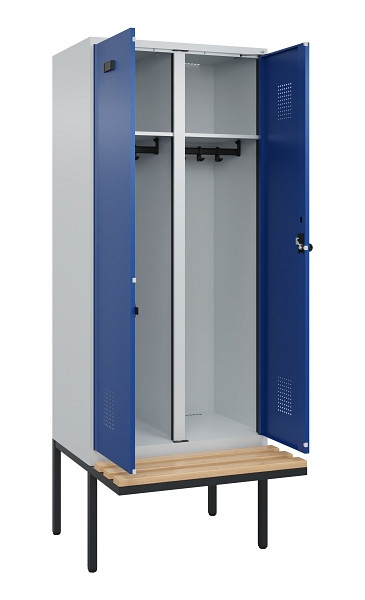 C+P Schwarz-Weiß-Spind Evolo PLUS, Bank, 2 Abteile, 2120x800x815mm, 7035/5010, Drehriegel, Sitzfläche Holz, 0490427-22 S10006