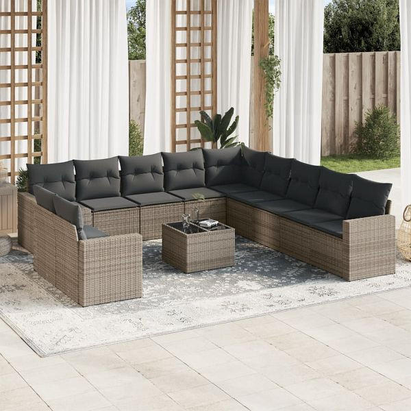 vidaXL 12-teilig Garten-Sofagarnitur mit Kissen Grau Poly Rattan, 3219190
