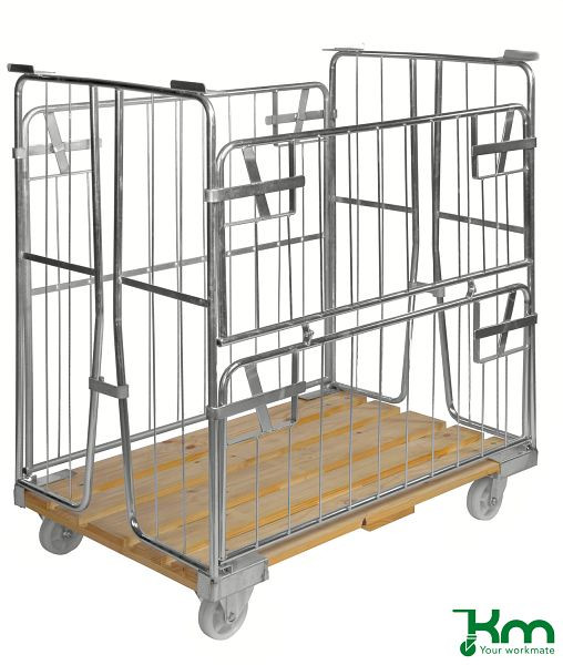 Kongamek Rollcontainer mit Holzboden, 2 Lenk- und 2 Bockrollen mit Bremsen, Maschenweite 110 x 530 mm, KM89B