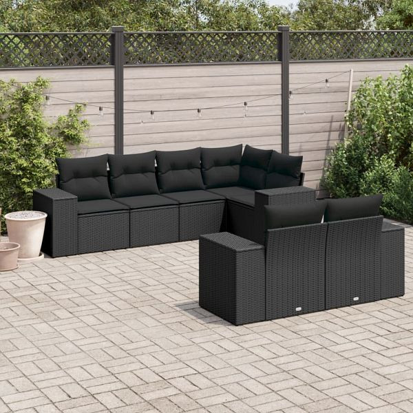 vidaXL 7-teilig Garten-Sofagarnitur mit Kissen Schwarz Poly Rattan, 3255142
