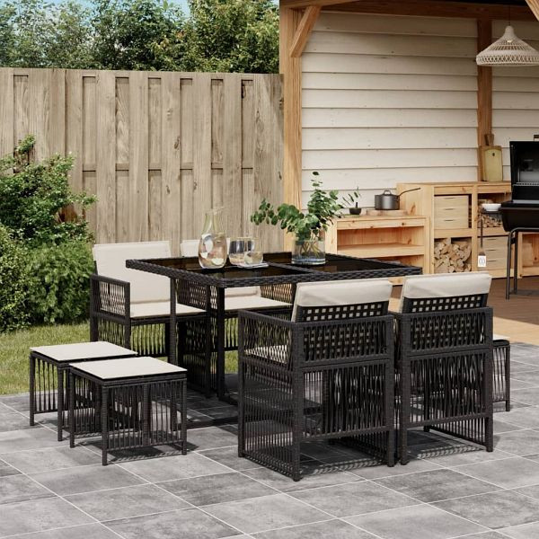 vidaXL 9-tlg. Garten-Essgruppe mit Kissen Schwarz Poly Rattan, 3210954
