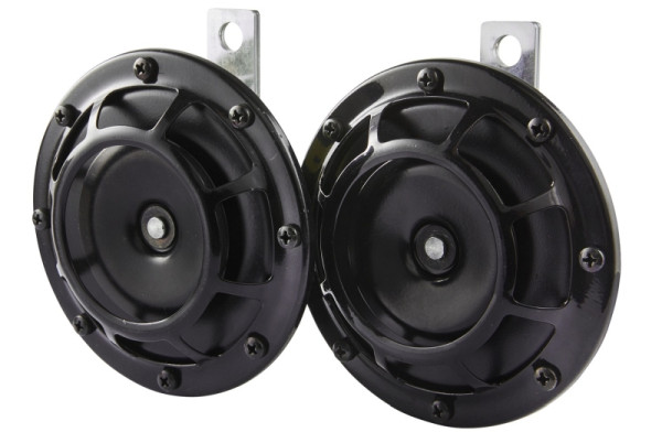 HELLA Horn, B133, 12V, 118dB(A), Frequenzbereich: 375/500Hz, Starkton, Gehäusefarbe: schwarz, Flachsteckanschluss, Set, 3AG 003 399-081