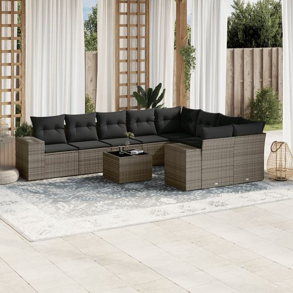 vidaXL 10-teilig Garten-Sofagarnitur mit Kissen Grau Poly Rattan, 3255387