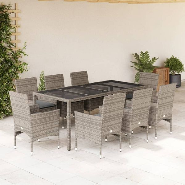 vidaXL 9-tlg. Garten-Essgruppe mit Kissen Grau Poly Rattan und Glas, 3278560