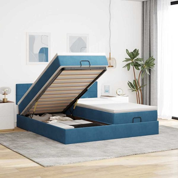 vidaXL Ottoman-Bett mit Matratzen & LEDs Dunkelblau 160x200 cm Samt, 3312921