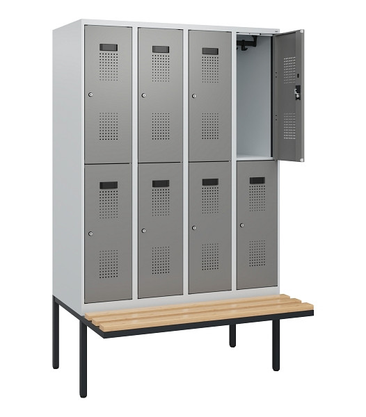 C+P Doppelstock-Spind Evolo PLUS, Bank, 8 Fächer, 1950x1200x815mm, 7035/0004, Zylinderschloss, Sitzfläche Buche-Hartholz, 0493405-40 S10041
