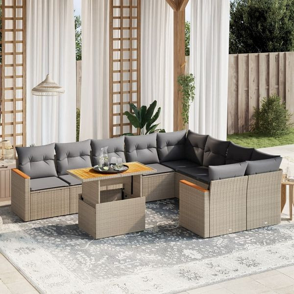 vidaXL 10-tlg. Garten-Sofagarnitur mit Kissen Beige Poly Rattan, 3273236