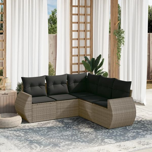 vidaXL 5-teilig Garten-Sofagarnitur mit Kissen Grau Poly Rattan, 3221349