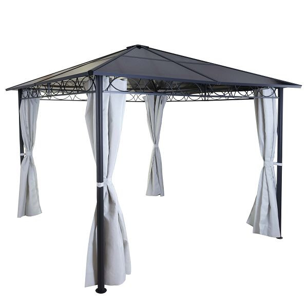 Mendler Hardtop Pergola HWC-C77, Garten Pavillon, Kunststoff-Dach Seitenwand Alu hellgrau 3x3m, 58477+58479