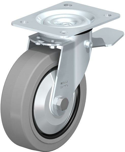 Blickle LE-POEV 160XR-ST-SG-FA Stahlblech-Lenkrolle mit Anschraubplatte & Feststeller, Elastik-Vollgummi, Grau, 850164