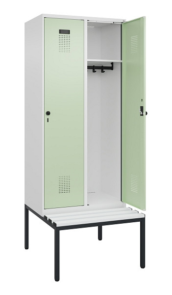 C+P Spind Evolo PLUS, 2 Abteile, 2120x800x815mm, 9016/6019, Haken 4, Drehriegel, Sitzfläche Kunststoff, Sitzbank, 0490507-22 S10073