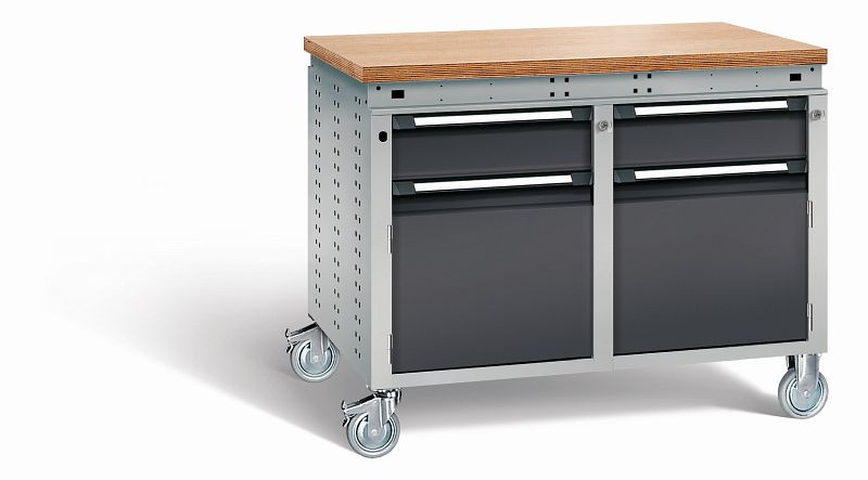 Otto Kind Werkbank Serie function Typ 251 fahrbar, Multiplexplatte 40 mm, bündig, 2x Unterbau, Gehäuse RAL 9006, Front RAL 9005, 07238213N