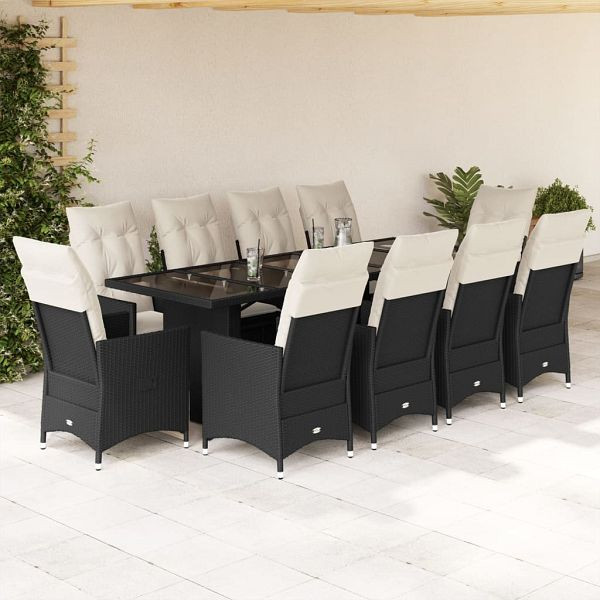 vidaXL 11-teilig Garten-Bistro-Set mit Kissen Schwarz Poly Rattan, 3277236