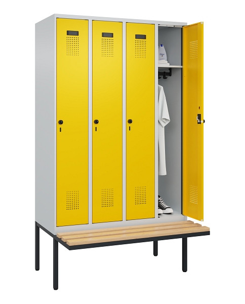 C+P Spind Evolo PLUS, 4 Abteile, 2120x1200x815mm, 7035/1023, Haken 3, Drehriegel, Sitzfläche Holz, 0490407-40 S10001