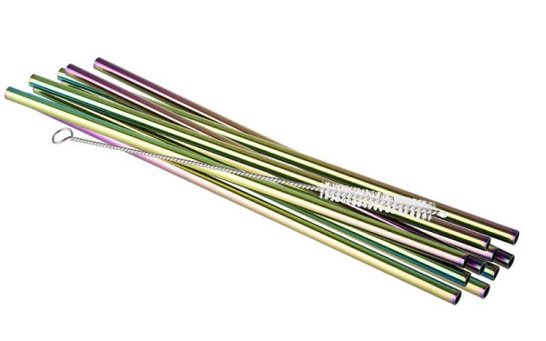 APS Trinkhalme 11er Set, Ø 6 mm, Länge: 21,5 cm, 18/8 Edelstahl, Regenbogen-Look, Inhalt: 10 Trinkhalme, 1 Reinigungsbürste, 93382