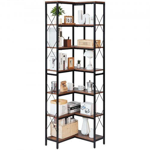 VEVOR Eckregal 7 Ebenen, Metallrahmen & Holz, Standregal 91 kg/Ebene, Ausstellungsregal für Wohnzimmer/Büro, Braun, ZLSZJSNJTMK7E7TZ8001V0