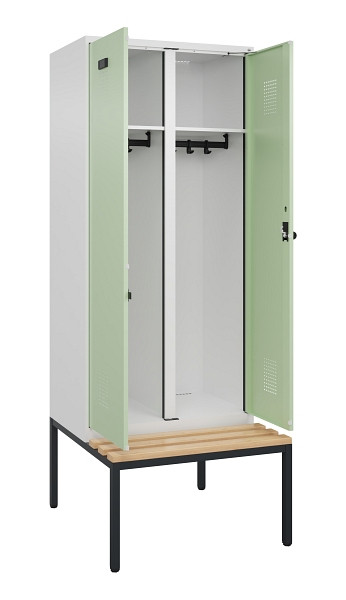 C+P Schwarz-Weiß-Spind Evolo PLUS, Bank, 2 Abteile, 2120x800x815mm, 9016/6019, Drehriegel, Sitzfläche Buche-Hartholz, Sitzbank, 0490527-22 S10019