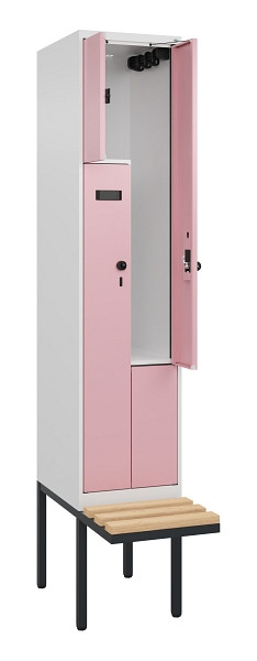 C+P Z-Spind Evolo PLUS, Bank, 2 Fächer, 2120x400x815mm, 9016/3015, Drehriegel, Sitzfläche Holz, 0490437-122 S10016