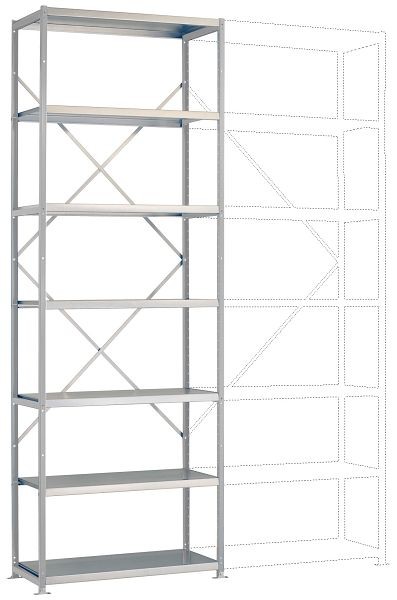 Manuflex Mittelschweres Fachbodenregal lichtgrau Grundregal mit 7 Stahlböden, HxBxT= 3000 x 1030 x 300 mm, RP2115.7035
