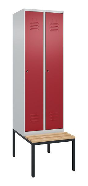 C+P Umkleidespind Classic PLUS, mit untergebauter Sitzbank, 2 Abteile, 2120x600x815mm, 7035/3003, Zylinderschlösser, Buche-Sitzleisten, 0800507-20 S10046