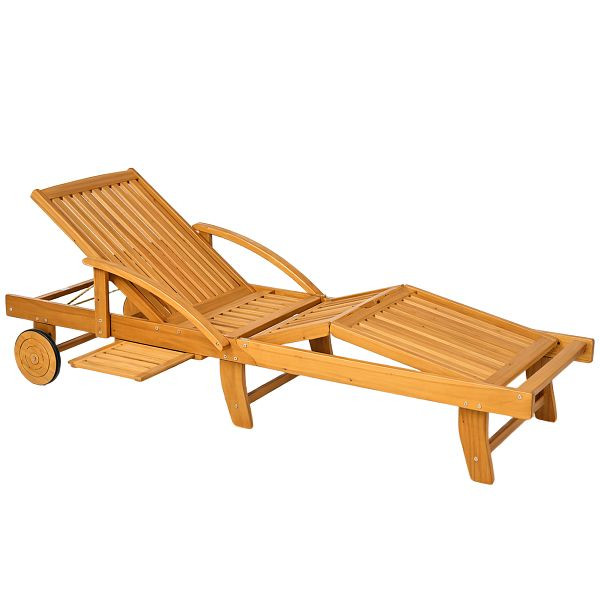 Outsunny Sonnenliege Holz klappbar Gartenliege mit Seitentisch, Rolle, 4-Fach verstellbare Rückenlehne Teak, 84G-505V90TK