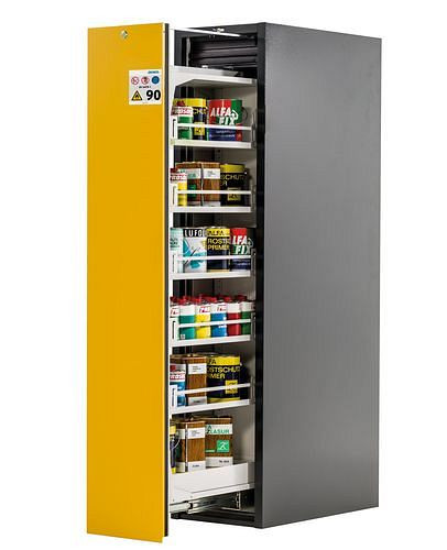 asecos Slim-Scoper, Feuerbeständiger Gefahrstoffschrank 45-5, 1 Vertikalauszug, 5 Fachbödengelb, 245539