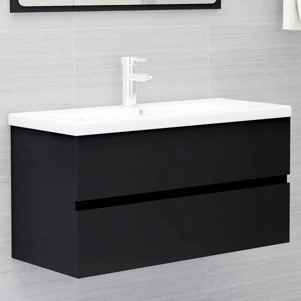 vidaXL Waschbeckenunterschrank mit Einbaubecken Schwarz Holzwerkstoff, 3071559