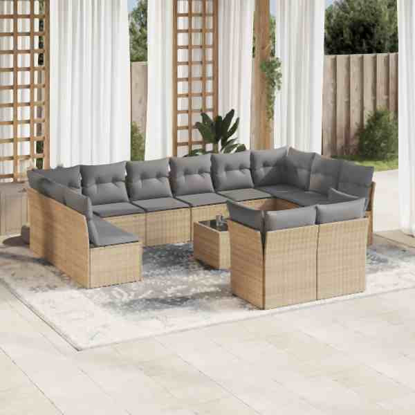vidaXL 13-tlg. Garten-Sofagarnitur mit Kissen Beige Poly Rattan, UV-beständig, 3250278