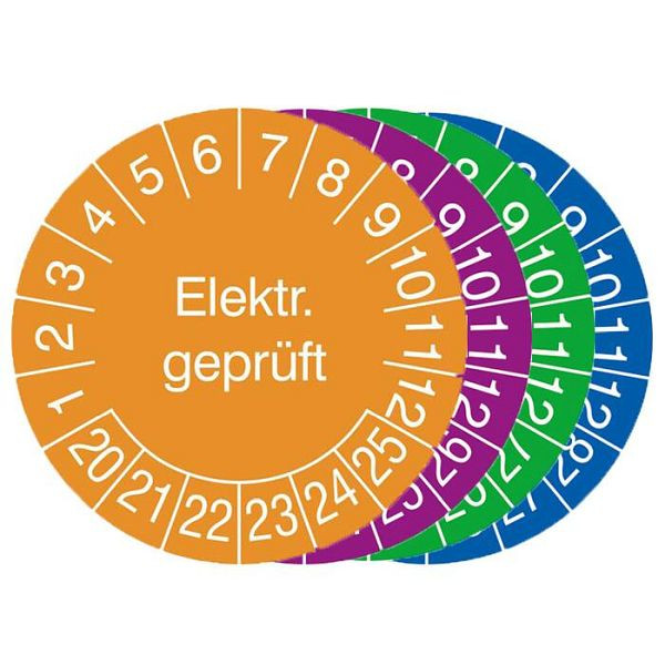 Stein HGS Prüfplaketten mit Jahresfarbe (6 Jahre), 2023-2028 / blau, Modell: Elektrisch Geprüft, Menge: 500er-Rolle, 31.3654-23