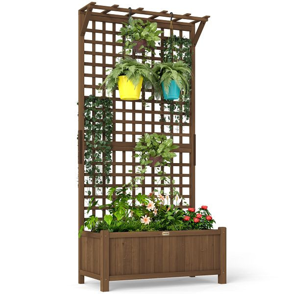 Outsunny Hochbeet mit Spalier und Dach, Pflanzkasten, Blumenbeet, wetterfest, Holz, 90 x 45 x 183 cm, Kaffee, 845-792V00CF