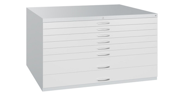 C+P Flachablageschrank Serie 7100_7200, H760xB1350xT960mm, 7035/7035, 2 Schubladenblenden doppelwandig, 7201-200 S10355