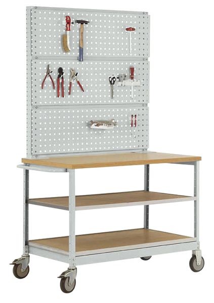 Manuflex Mobile Werkbank Modell 3 mit geölter Multiplex-Abdeckplatte 30 mm BxTxH 1135 x 590 x 810 mm, lichtgrau, MW2011.7035
