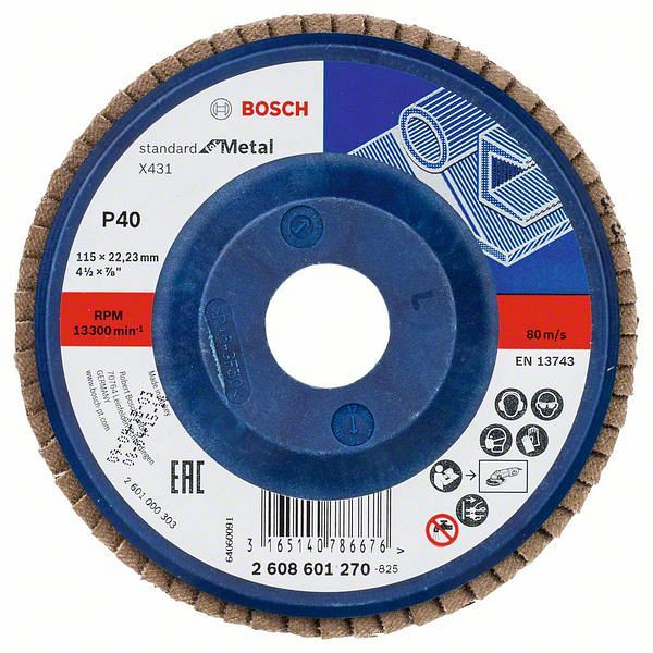 Bosch Fächerschleifscheibe X431 Standard for Metal, gerade, 115 mm, 40, Kunststoff, VE: 10 Stück, 2608601270