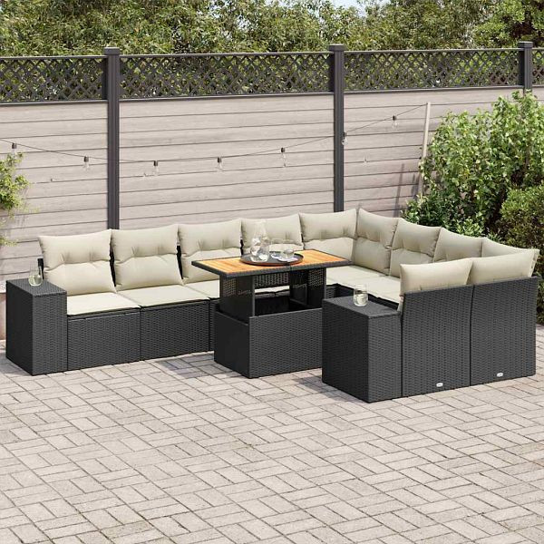 vidaXL 10-tlg. Garten-Sofagarnitur mit Kissen Schwarz Poly Rattan, 3327416