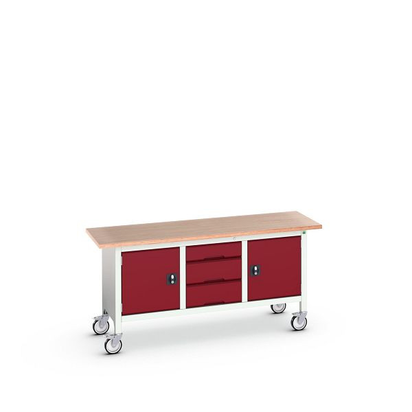 bott verso mobile Kastenwerkbank (Multiplex) mit 3 Schubladen und 2 Türen, BxTxH: 1750 x 600 x 830 mm, Lichtgrau / Purpurrot, 16923222.24