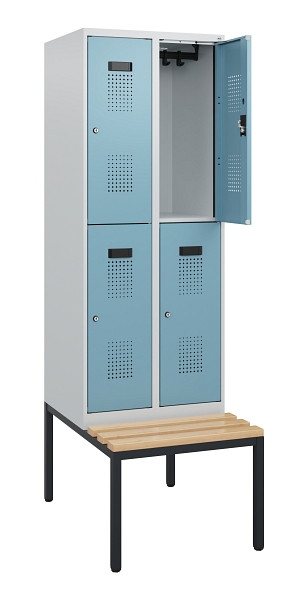 C+P Doppelstöckiger Spind Evolo PLUS, Bank, 4 Fächer, 1950x600x815mm, 7035/0010, Zylinderschloss, Sitzfläche Buche-Hartholz, Sitzbank, 0493505-20 S10035