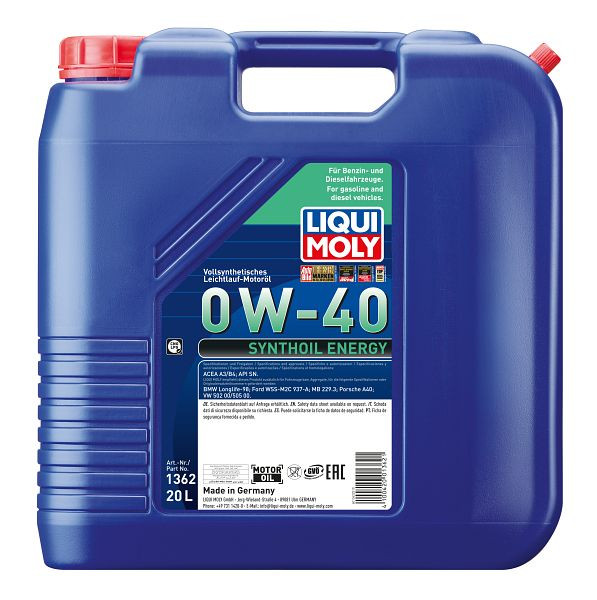LIQUI MOLY Motoröl Synthoil Energy 0W-40, Kanister Kunststoff, VE: 20 Liter, 1362