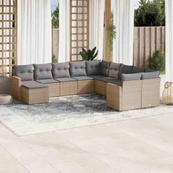 vidaXL 11-tlg. Garten-Sofagarnitur mit Kissen Beige Poly Rattan, UV-beständig, 3258972