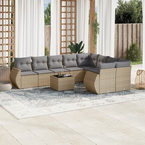 vidaXL 10-teilig Garten-Sofagarnitur mit Kissen Beige Poly Rattan, 3254186