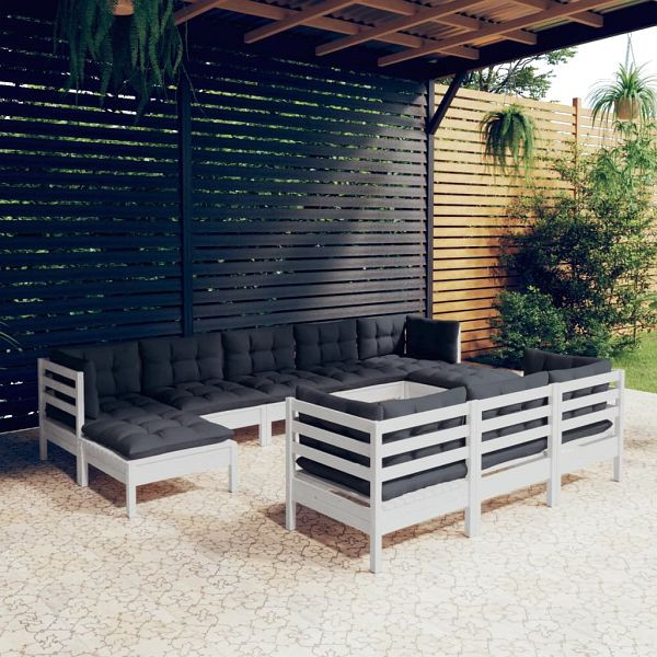 vidaXL 10-teilig Garten-Lounge-Set mit Kissen Weiß Kiefer Massivholz, 3097140