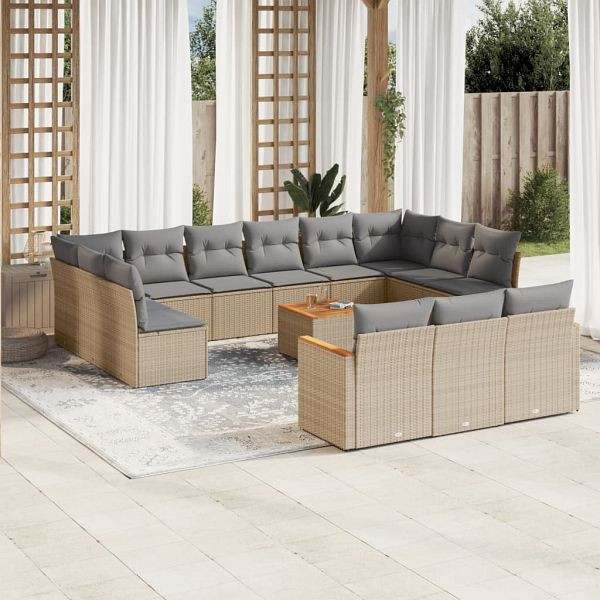 vidaXL 14-teilig Garten-Sofagarnitur mit Kissen Beige Poly Rattan, 3258867