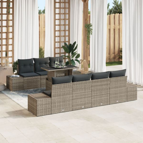 vidaXL Garten-Sofa-Set 8 Teile Grau, Dunkles Rattan Rattan, Polyester, 3357862