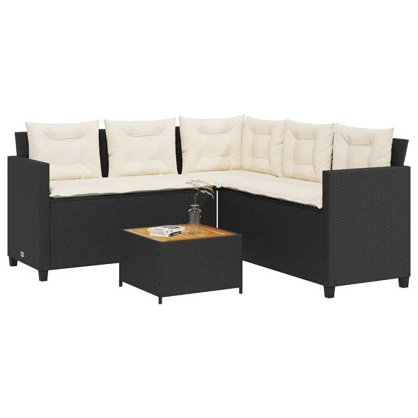 vidaXL Gartensofa in L-Form mit Tisch und Kissen Schwarz Poly Rattan, UV-beständig, 369048